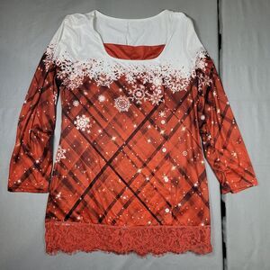 Christmas Holiday Red Blouse Lace Bottom Trim White Snowflakes Women's Lg
